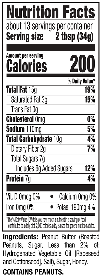 Crunchy Honey Roast Peanut Spread Nutrition Facts Panel