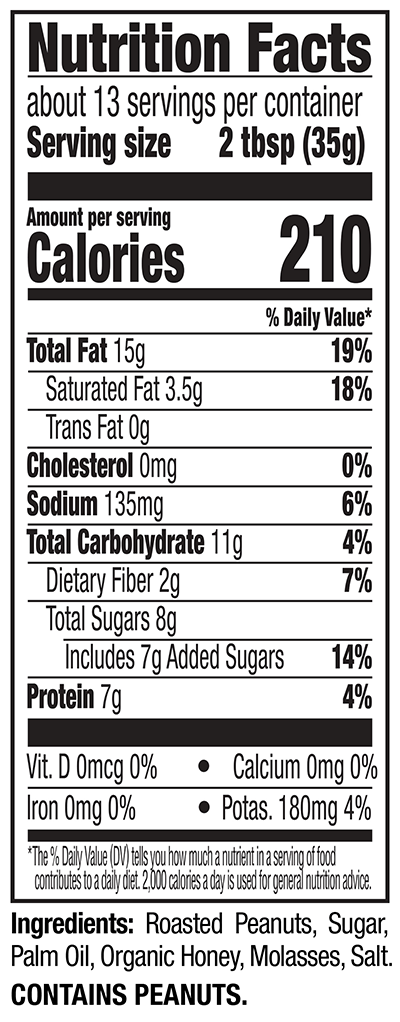 Honey Roast Natural Peanut Spread Nutrition Facts Panel