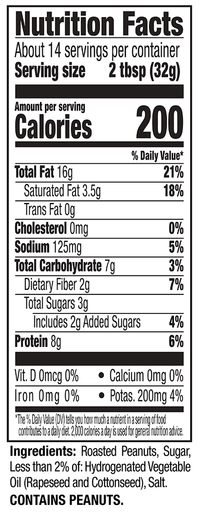 Creamy Regular Peanut Butter Nutrition Facts Panel