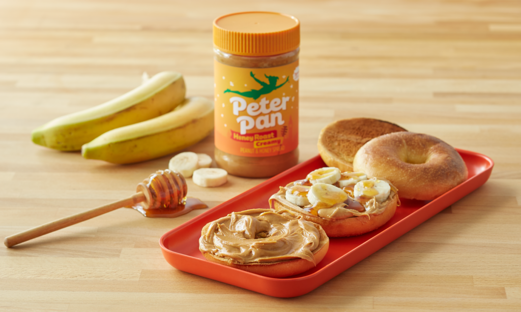 Peter Pan Honey Roast Creamy Peanut Butter served on bagels